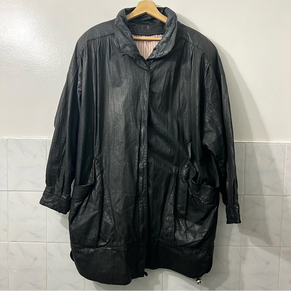 Unisex Leather Jacket Size 3XL Oversized Shoulder Pads Retro 90s Black Grunge